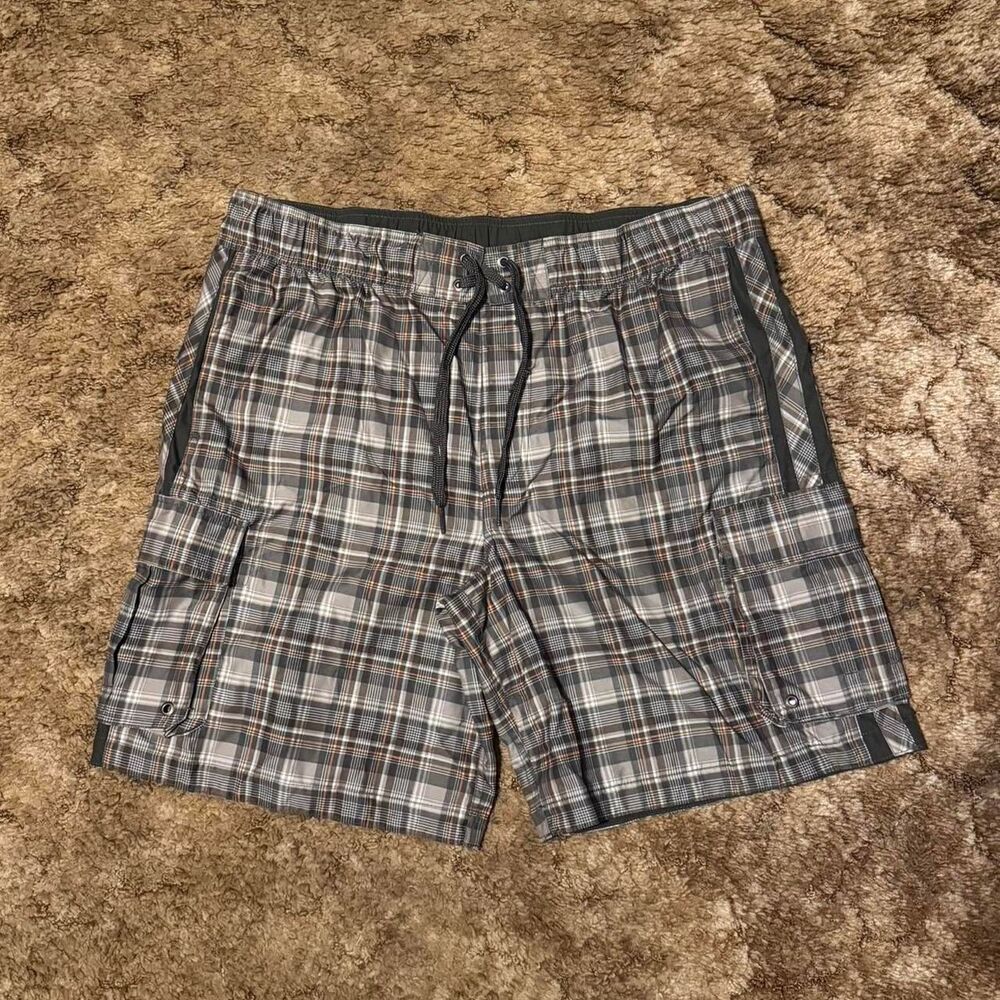Mossimo Supply Co Plaid Cargo Board Shorts Gray Drawstring XLarge